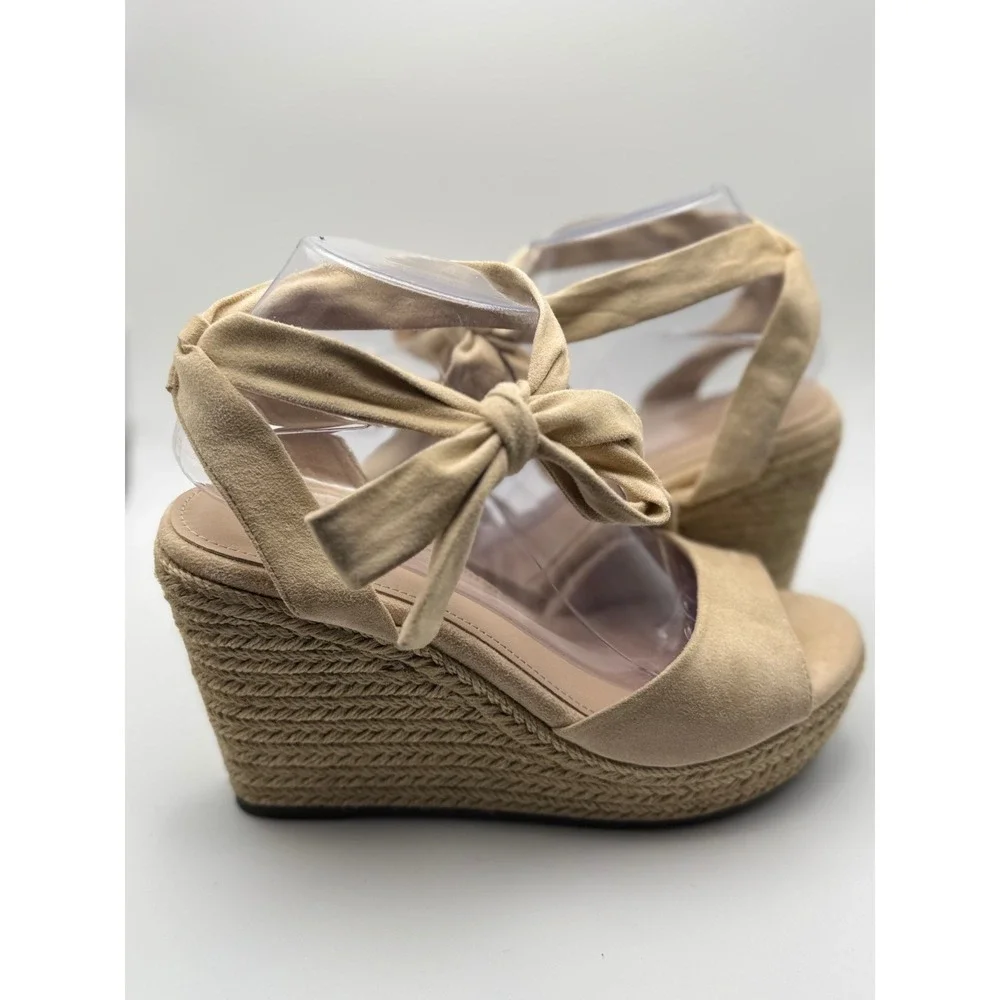 ZBY Womens Tan Faux Suede Lace Up Espadrille Wedge Sandals Size 8 Open Toe Boho
